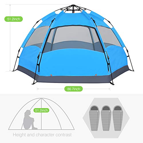 Victostar Instant Pop Up Family Camping Tent,Double Layer Waterproof 3 Season for Picnic Fishing Hiking Traveling (Blue, 4-Person)