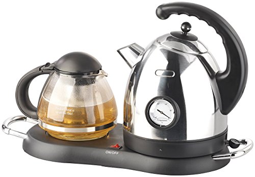 Rosenstein & Söhne Teekanne elektrisch: Edelstahl-Wasserkocher WSK-300.set mit Teekanne (Teestation mit Wasserkocher, Kanne, Warmhalteplatte) – Bild 4