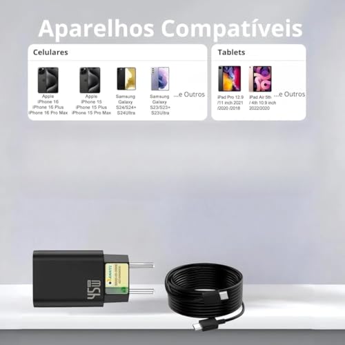 Carregador Turbo 45W + Cabo USB-C de 1m - Carregamento Rápido e Eficiente para iOS, Android, Tablets - Tecnologia GaN, Segurança Garantida