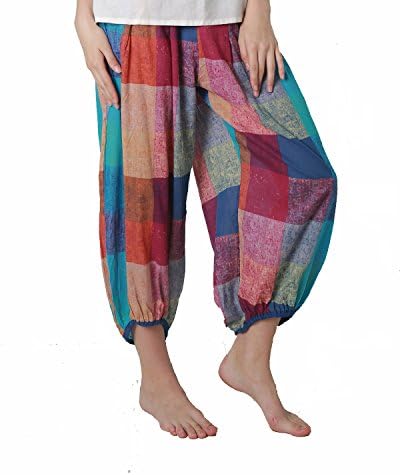 LALUNESSE Women's Bohemian Elastic Waist Loose Wide leg Ninth Harem Pants, Checker, Large