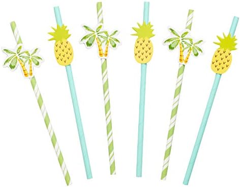 50 Pack - Tropical Paper Straws with Palm Tree and Pineapple Design Charms - Green and Yellow Striped for Hawaiian Luau, Pool Parties and Summer Events