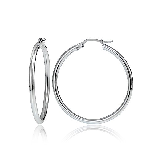 Hoops & Loops Sterling Silver 2mm High Polished Round Hoop Earrings, 25mm