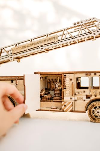 Wood Trick Movable Rescue Fire Truck - Extendable Swivel Ladder - 3D Wooden Puzzle for Adults and Kids to Build - Walks Up to 20 Feet - Wooden Models Engineering