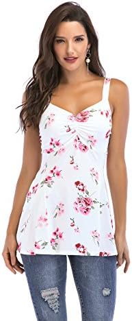 GLEAMISS Women's Sexy Sleeveless Tank Top Pleated Front Floral Print Tee Tanks Blouse Top (X-Large, White)
