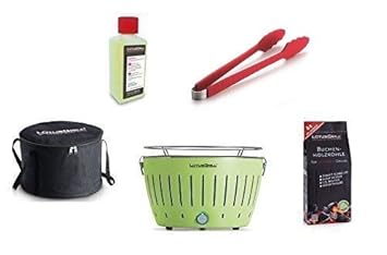 LotusGrill Starter-Set 1x Limettengrün 1x Buchenholzkohle 1kg, 1x Brennpaste 200ml, 1x Würstchenzange Rot, 1x Transport-Trage