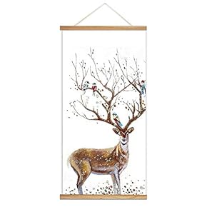 Hanging Poster Wooden Framed Big Beautiful Horn Deer Theme Home Wall Canvas Prints Ready to Hang - 18"x36"