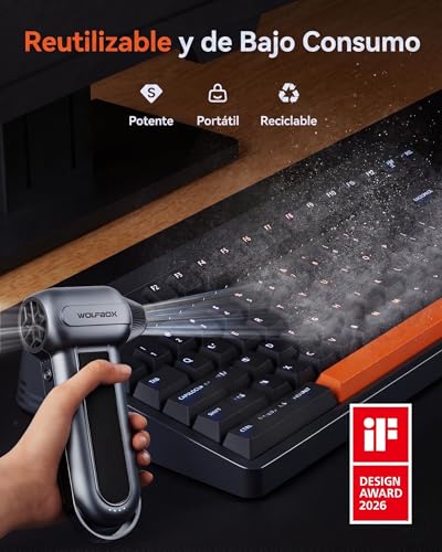WOLFBOX Sopladora de Aire Inalámbrica MF100, 150000RPM, Potente y Recargable con 3 Velocidades, Compresor de Aire para Limpieza de PC, Teclado, Exterior, Hogar y Auto