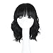 DEYNGS Fashion Short Wavy Wigs With Flat Bangs Natural Black Synthetic Full Wigs For Women None Lace Wigs That Look Real Heat Resistant +Free Wig Cap (BLACK)