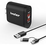 iVoler Quick Charge 3.0 USB C 36W Dual USB Wall Charger [2xQC 3.0 Port] with 2-in-1 Micro USB & Type C Cable for Samsung Galaxy S8/S8+/S7/S /Edge/Plus,LG G6, Google Pixel/XL, iPhone, iPad and More