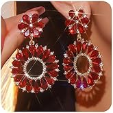 Wiwpar Sparkle Red Crystal Rhinestone Circle Dangle Drop Earrings Large Flower Statement Dangling Chandelier Bridal Chandelier Drop Earrings Wedding Bridal Costume Jewelry for Women Prom Party
