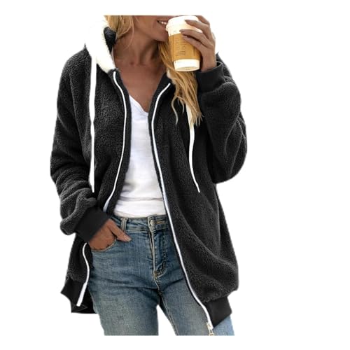 Winter Jackets for Women Fluffy Hoodies Women Comfortable Plus Size Soft Plush Hooded Casual Zipper Pockets Think Jackets Loose Long Solid Drawstring Tops Warm Fleece Coats Womens Winter #1 3XL