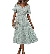KAYWIDE Women's Dress Casual V Neck Plaid Dresses Ruffle Short Sleeve A-Line Loose Fit Tiered Flo...