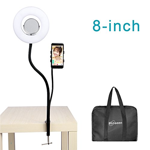Desk LED Selfie Beauty Ring Light for Phone Live Streaming YouTube or Makeup with Flexible Gooseneck Cell Phone Clamp+3.5" Mirror Portable Photography 8-inch Dimmable 5500K O Circular Ring Lamp