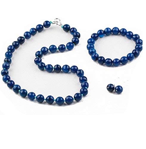 Treasure Bay Stunning 12mm Natural Gemstone Beaded Necklace and Bracelet Jewellery Set For Women (Blue Agate) — image 1