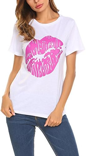 Cosclotre Glittery Lips Print Tee Cute Graphic Tees Scoop Neck T-Shirt