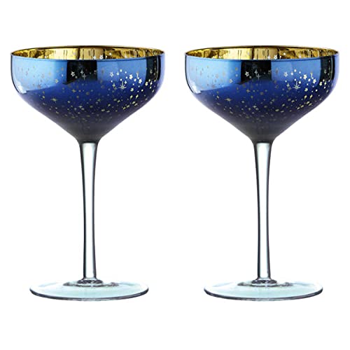 ARTLAND - Set of 2 Galaxy Champagne Saucers - Space Inspired Champagne Glasses - Mouth Blown Glassware - Galaxy Blue & Gold