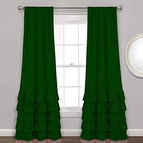 Buy Studio Shubham Dupion Silk Dark Green Ruffle Rod Curtain Set