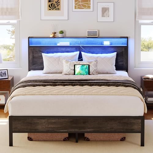 HOOBRO Full Size Bed Frame, Bed Frame with Charging Station and LED Lights, Headboard with Shelves, Heavy Duty Metal Frame, Noise-Free, Easy Assembly, No Box Springs Needed, Charcoal Black BC01UDBF01