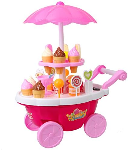 Ice Cream Cart Toys Mini Sweet Candy Trolley Shop Pretend Play Set with Music and Light(Pink 39pcs)
