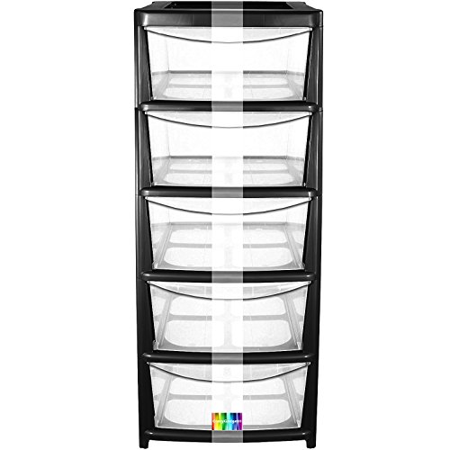 CrazyGadget BLACK Drawer Plastic Large Tower Storage Drawers Chest Unit with Wheels MADE IN U.K