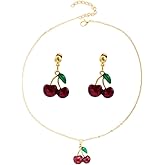 Caiyao Red Cherry Green Leaf Dangle Earrings Neckalce Set Dainty Fruit Cherry Earrings Necklace for Women Jewelry
