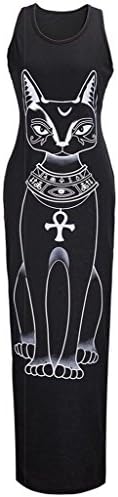 ZIOOER Women's Cat Print Tank Racerback Boho Long Maxi Sleeveless Vest Dress Black S