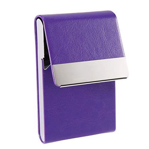 JuneLsy Business Card Holder Case - Professional PU Leather Business Card Case Metal Name Card Holder Pocket Business Card Carrier for Men & Women with Magnetic Shut (S-Purple)