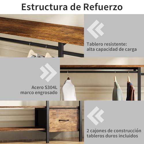Simple Wisdom Perchero para Ropa, Closet Armables para Ropa, Closet de Madera, Montado en la Pared, Organizador de Ropa con Dos Cajones de Tela, Tamaño: 156 * 32 * 160 CM, Color Retro