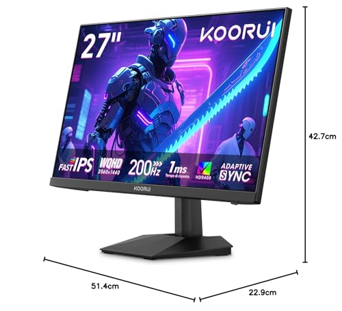 KOORUI G2721P 27 Inch Screen PC Gamer, Fast IPS 200Hz WQHD 2560x1440 2K Gaming Monitor, 1ms HDR400 Adaptive Sync HDMI 2.0x2/DP 1.4, VESA 75x75mm Monitor, Black