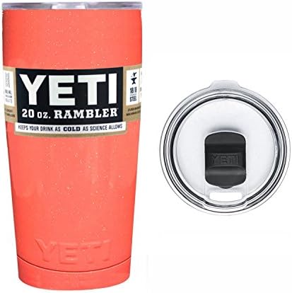 YETI Coolers 20 Ounce (20oz) (20 oz) Custom Powder Coated or Hydro Dipped Rambler Tumbler Cup Travel Mug with Exclusive Spill Resistant Spill Proof Lid (Coral Peach Glitter Sparkle)
