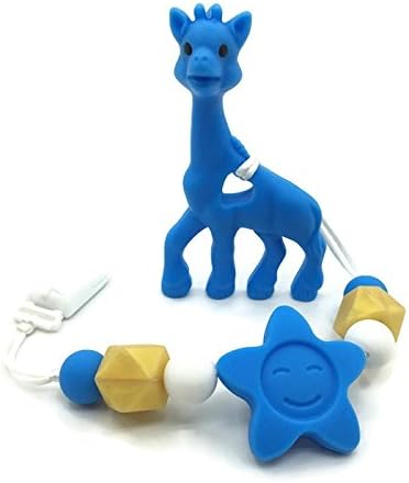 Silicone Beads Giraffe Teether Clip, Baby Teether Pacifier Giraffe, Silicone Teething Pacifier Necklace Hanging Toy ,Premium BPA-free 100% Food Grade Nursing Rainbow Beads Giraffe (Blue)