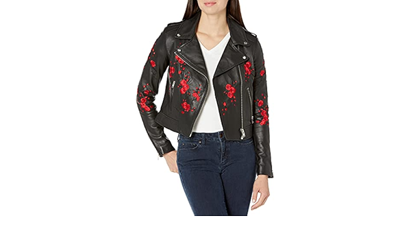 rose embroidered leather jacket