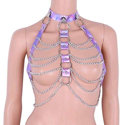 Women Festival Punk Waist Belt Body Chain Faux Leather Harness EDM Rave Clothes Choker Chain Holographic Caged Bra Belt