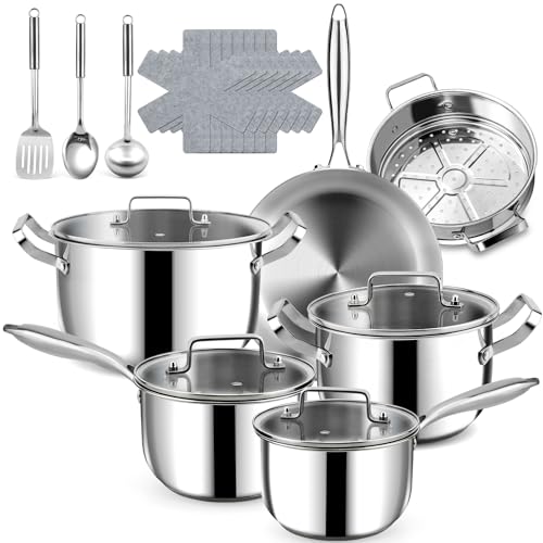 Fruikit 20P Stainless Steel Pots and Pans Set -3 Ply 30 cm Frying pan - 18/20 cm Saucepans & 22/26 cm Casserole, Non Stick Induction Hob Cookware Set