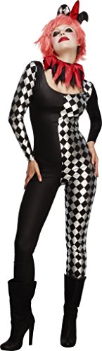 Fever Women's Harlequin Jester Costume Black with Catsuit Collar and Hat