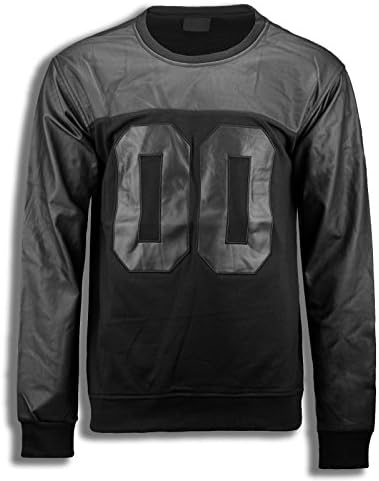 Men Fleece Crewneck Black Faux Leather #00 Long Sleeve Sweater Crewneck Shirt (XL)
