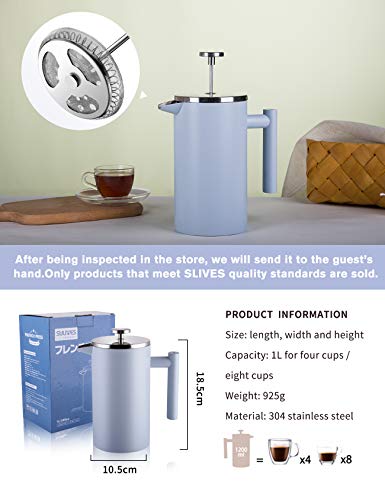 SULIVES Large Stainless Steel French Press Coffee Maker Double Wall Vacuum Insulated Stainless Steel Body- 34 oz/ 1000 ml - BLUE - Thumbnail 5