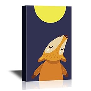 Canvas Wall Art - Cartoon Fox Howling Towards The Full Moon - Gallery Wrap Modern Home Art | Ready to Hang - 12x18 inches