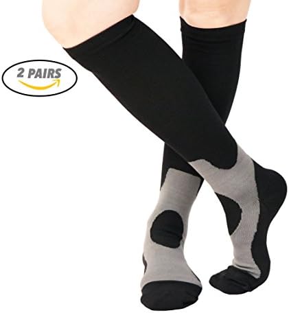 VAGUE SWEET 2 Packs Men,Women Knee High Graduate Moisture Wicking Compression Socks,Best Medical, Nursing, Travel &amp; Flight,Circulation &amp; Recovery,Running &amp; Fitness,20-30 mmHg(L/XL,Black 2)