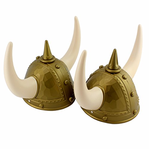 Two Viking Helmets with Elastic Neck Strap & Horns (2-hat pack), Adult Size Helms for Costume Dress-up, Role Play & Halloween