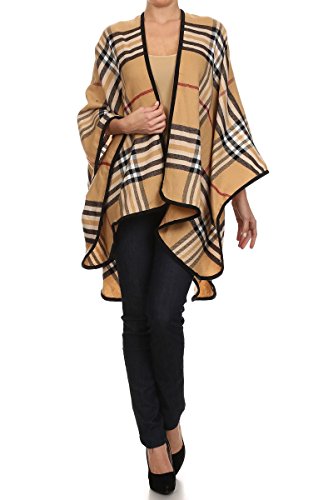 ReneeC. Women's Print Open Front Winter Fashion Cardigan Sweater Poncho (One Size, Plaid Tan)