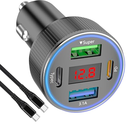 USB C Car Charger, 78W 4 Port Car Phone Charger Adapter Fast Charging, Dual USB C Car USB Adapter for iPhone 16 15 14 13 12, iPad, Samsung Glaxy, Android (Grey & Cable)