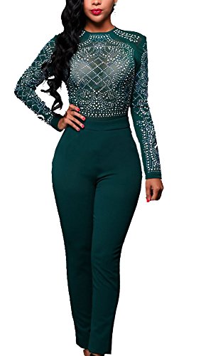 Womens Long Sleeve Bodycon Jumpsuits Rhinestone Long Pants Rompers Sexy Clubwear Wancy Green Large