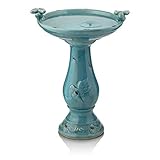 Alpine Corporation TLR102TUR Antique Turquoise Ceramic Birdbath with Birds, 24 Inch Tall, 24"