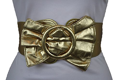 TFJ Women Belt High Hip Faux Leather Bow Ribbon Tie Plus M L XL Metallic Gold