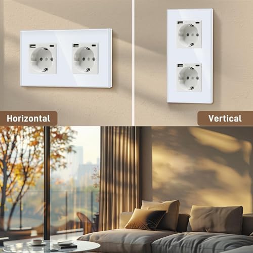 Tomada USB dupla (máximo 2.1A) com porta Tipo C, ficha Schuko branca, tomada elétrica com 2 carregadores USB x e Tipo C Adequada para smartphone, tablets MP3, cozinha, quarto