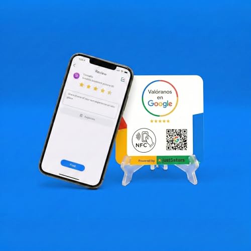 just5stars - Google Reviews Poster - NFC and QR - No Subscriptions - 12cm x 12cm - Includes sticker and stand.