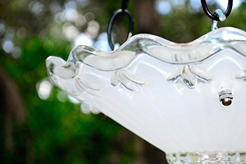 Vintage hanging glass bird feeder in frosted white with petite flower design