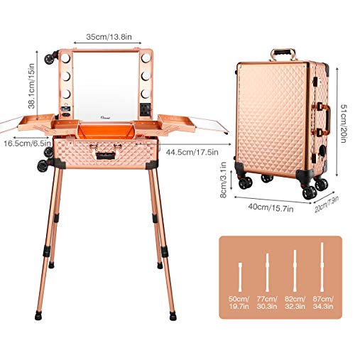 Ovonni LED Makeup Train Case, Lighted Rolling Travel Portable Cosmetic Organizer Box with Mirror and 4 Detachable Wheels, Professional Artist Trolley Studio Free Standing Workstation