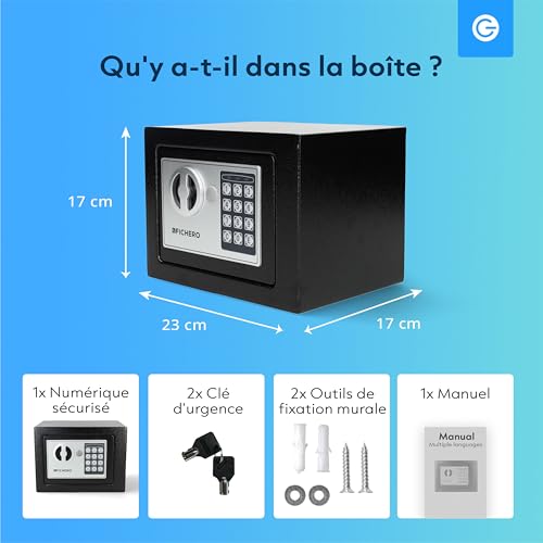 Silvergear Small Code Safe | Steel Safe with Electronic Lock with Digit Code | 2 Keys and Code for Storing Money, Jewellery & Valuables | 17 x 23 x 17 cm | Black